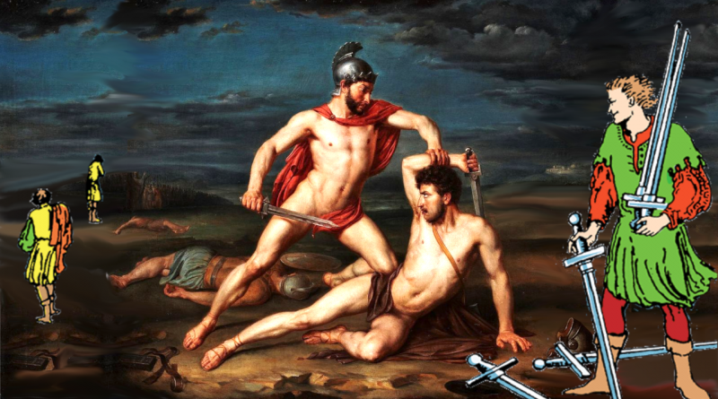 collage Five of Swords Achilles and Hector by Rafael Tegeo